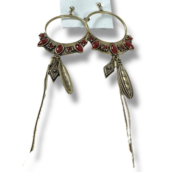 Free People Winona Hoops in Brass Red Jasper NWT Bohemian Western Boho Dangles - Picture 7 of 16